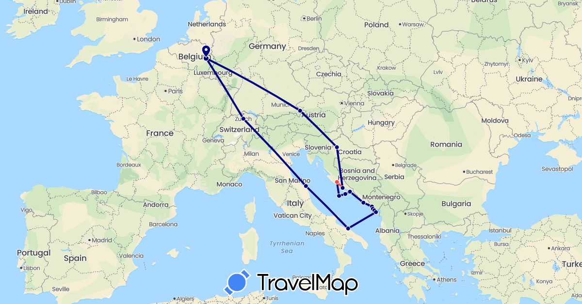TravelMap itinerary: driving, hiking in Austria, Belgium, Switzerland, Croatia, Italy, Montenegro (Europe)